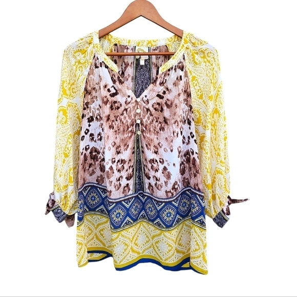fig and flower Tops - Anthropologie Fig and Flower Bohemian Multi Print Flowy Blouse Size L